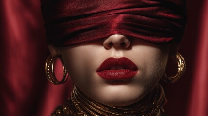 A woman poses with her eyes covered, wearing deep red lipstick and elegant jewelry, amidst luxurious red drapery