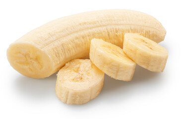 Peeled banana and banana slices isolated on white background. File contains clipping paths.