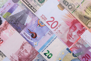 Paper money, banknotes of different countries as a business background. Paper money and cash