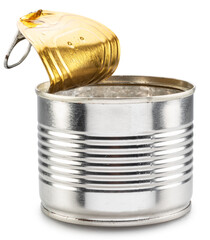 Opened steel can or tin can with ring-pull tab on white background. File contains clipping path.