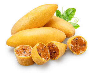 Curubas or banana passion fruits and fruit slices showing the juicy pulp and black seeds on white background. File contains clipping path.