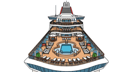 A detailed illustration of a modern cruise ships top deck featuring a swimming pool sun loungers and cabanas. © wong