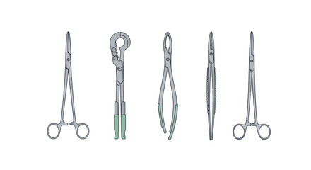 Surgical Instruments: Forceps Clamps and Retractors for Medical Procedures.