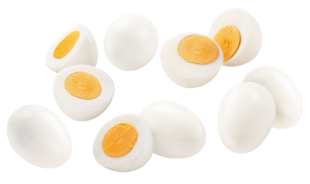 Group of boiled chicken eggs and eggs cut in half  on white background. File contains clipping paths.