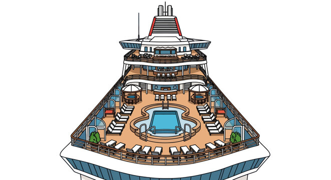 A detailed illustration of a modern cruise ships top deck featuring a swimming pool sun loungers and cabanas.