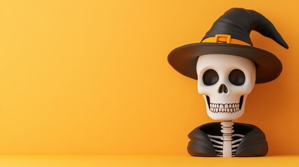 A whimsical skeleton wearing a witch hat against a vibrant orange background, ideal for Halloween-themed projects, party invitations, or playful decor materials,