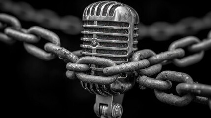 ban on freedom of speech, censorship, Vintage microphone wrapped in heavy chains.