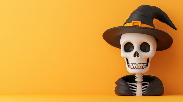 A whimsical skeleton wearing a witch hat against a vibrant orange background, ideal for Halloween-themed projects, party invitations, or playful decor materials,
