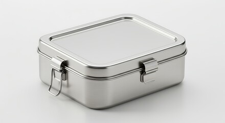 Sleek, rectangular stainless steel lunch box, featuring a secure lid with two robust clasps, isolated on a clean white background.