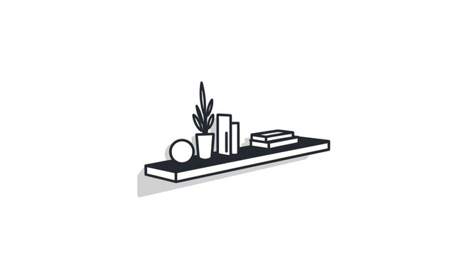 Minimalist line art of a shelf with decorative objects and a plant.