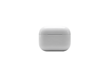 Modern white wireless earbud charging case isolated on a stark black background with subtle studio lighting