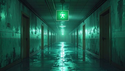 A long, eerie corridor illuminated by sickly green light. An exit sign glows above. Darkened doors line the walls. A foggy atmosphere pervades the scene