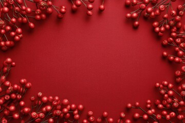 Obraz premium Bright Red Berries and Twigs Create a Festive Border on Vibrant Red Background