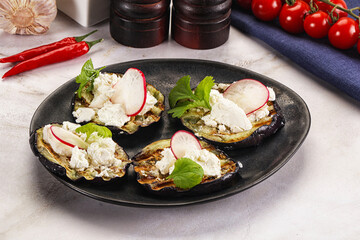 Grilled eggplant with cheese and radish