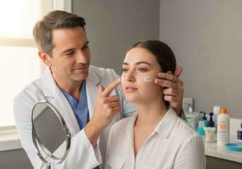 Fototapeta premium Doctor examines woman s face for cosmetic procedure