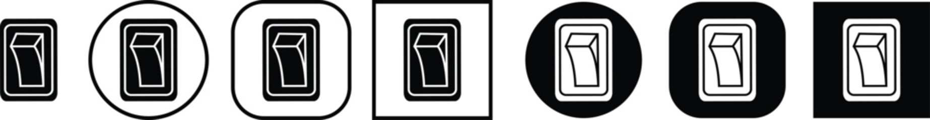 Black switch button icon set, electric toggle collection, power control symbol group, on off rocker outline and flat design, electrical switch vector pack in line style