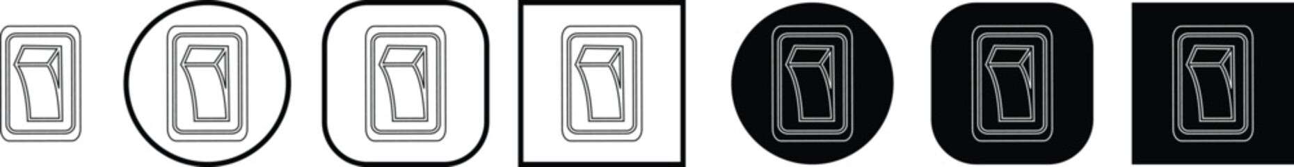 Black switch button icon set, electric toggle collection, power control symbol group, on off rocker outline and flat design, electrical switch vector pack in line style