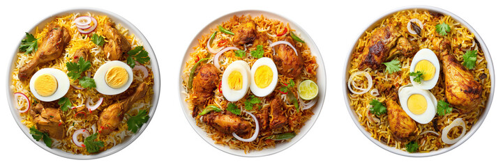 Set of Tasty chicken biryani served in a white bowl with visible spice texture and steam rising on transparent png background. Ai generated