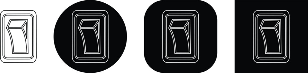 Black switch button icon set, electric toggle collection, power control symbol group, on off rocker outline and flat design, electrical switch vector pack in line style