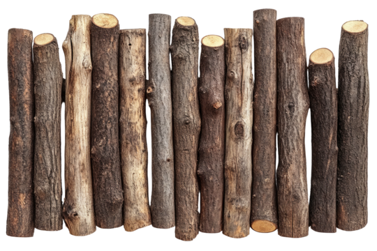 Row of rustic, cut wooden logs arranged vertically against black