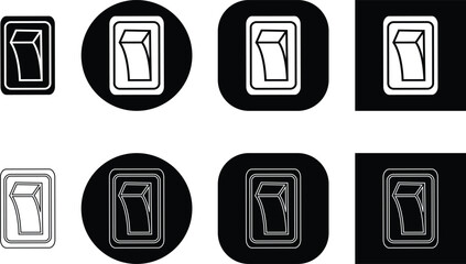 Black switch button icon set, electric toggle collection, power control symbol group, on off rocker outline and flat design, electrical switch vector pack in line style