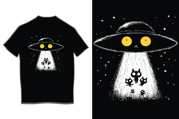 Cute alien cat in ufo beam cute black t-shirt design with whimsical sci-fi graphic and feline astronauts