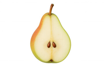 Green and red pear cut in half revealing fresh pulp and seeds, a juicy fruit on transparent background