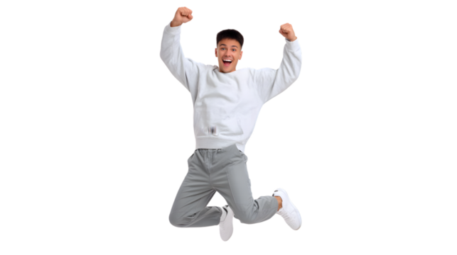 Joyful Leap: A person filled with energy and enthusiasm launches into a triumphant jump, celebrating success and vitality. 