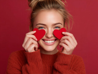 Close-up of a young woman holding felt hearts in front of her face against a red background. Playful and romantic composition with a monochromatic color scheme. Perfect for themes like Valentine's Day