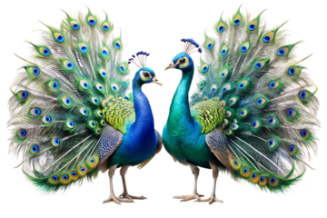 A colorful male peacock with a beautiful blue and green tail feathers display is isolated on a white background