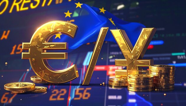 A golden Euro/Yen symbol and coins sit before a blurred financial graph and the waving EU flag, illustrating currency exchange