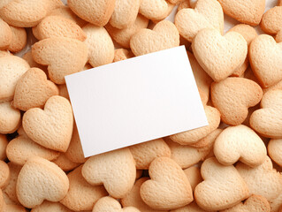 Close-up of a blank white card or note placed on top of scattered heart-shaped cookies. A sweet and romantic composition perfect for Valentine&rsquo;s Day, love messages, festive greetings