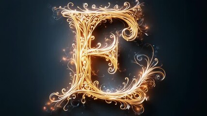 An elegant golden letter E glows with intricate filigree design. Sparkling particles enhance this luxurious and magical alphabet animation. - Powered by Adobe