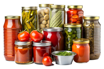 Homemade preserved food in glass jars, including pickled vegetables and canned red tomatoes