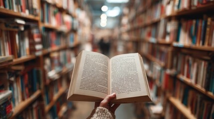 A person holds an open book in a library filled with shelves of various books, creating a peaceful reading atmosphere