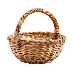 Fototapeta premium Woven wicker basket with a curved handle isolated on a dark background
