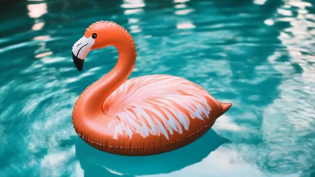 An orange flamingo pool float drifts peacefully on calm blue water. This vibrant inflatable brings a fun, tropical vibe to summer.