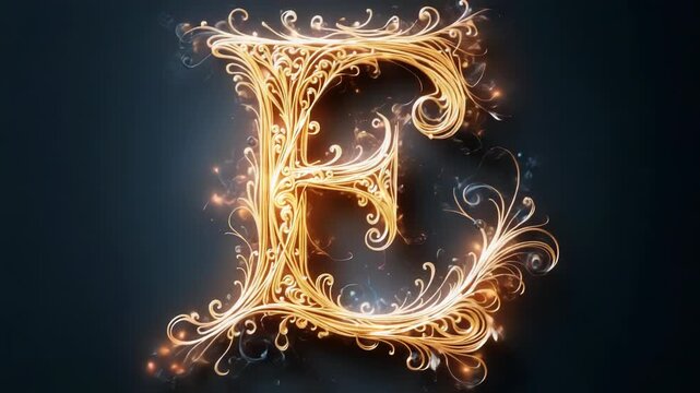 An elegant golden letter E glows with intricate filigree design. Sparkling particles enhance this luxurious and magical alphabet animation.