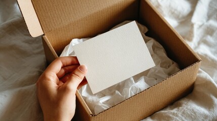 A hand holds a blank card above an open cardboard box filled with crumpled white tissue paper, suggesting anticipation
