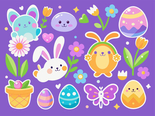 Naklejka premium Colorful Easter Sticker Set with Bunnies Eggs Flowers and Cute Kawaii Faces on a Purple Background