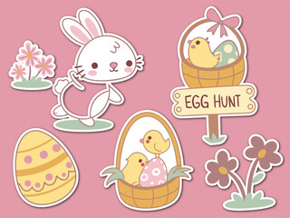 Cute Easter Stickers Featuring Bunny Chicks Flowers Egg Hunt Sign and Decorated Eggs