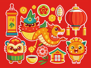 Festive Chinese New Year Illustration with Dragon Lanterns and Other Traditional Elements on Red Background