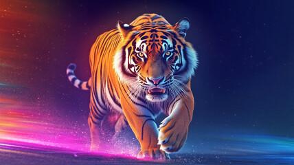Tiger realistic photo illustration graphic design. Tiger concept poster. Digital raster bitmap. AI artwork.	
