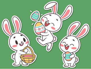 Three Adorable Cartoon Easter Bunnies with Decorated Eggs on a Green Background cute