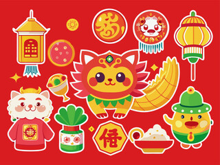 Cheerful Chinese New Year Stickers Featuring a Lion Dance Lanterns and Lucky Elements