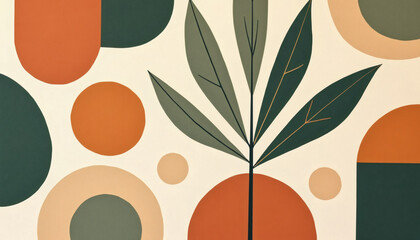 Mid century modern botanical abstract illustration with geometric shapes and leaves in earthy tones of orange green and beige