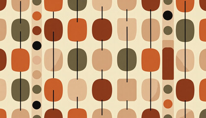 Mid century modern geometric pattern in warm earthy tones, retro abstract wallpaper design with rounded shapes and lines