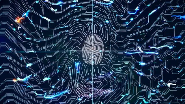 A bright white fingerprint sits centered in glowing circuit grid, representing identity, biometric data, digital fingerprint, technology, scanning fingerprint, fingerprint pattern, high-tech security