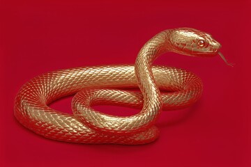 Fototapeta premium Golden Snake Sculpture on a Vibrant Red Background Showing Intricate Details of Scales and Form