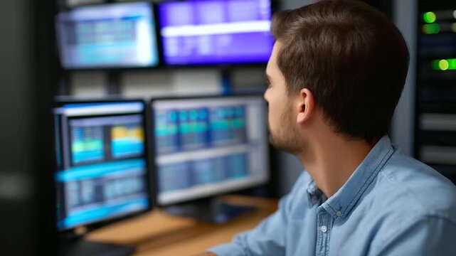A data center manager supervises an engineer using generic node tree tools (no branded software) analyzing equipment performance screens showing data graphs server racks buzzing